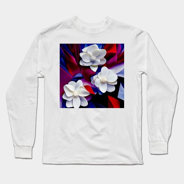 White Flowers on Red and Blue Long Sleeve T-Shirt by DANAROPER